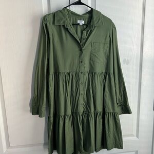 Olive Green Button-Up Tiered Dress